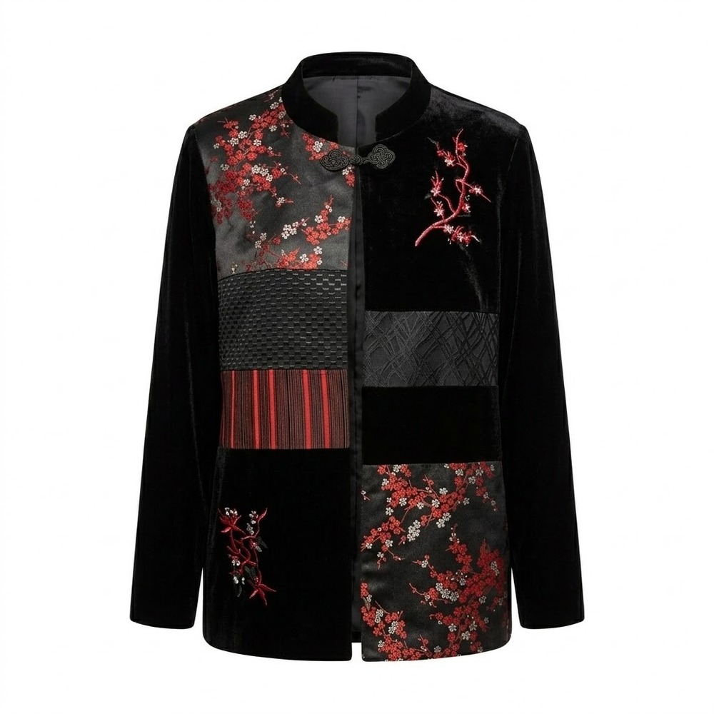 First Option Womens XL Black‎ Velvet Embroidered Cherry Blossom Tang Jacket